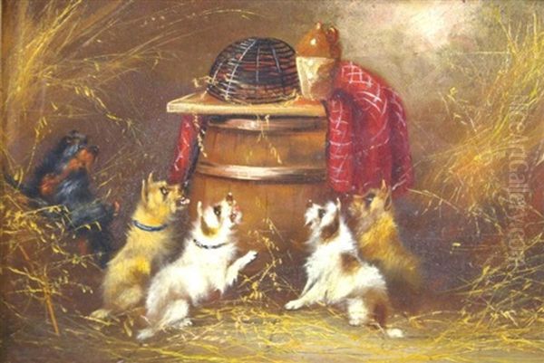 Five Terriers Eying The Contents Of A Dome Atop A Barrel Oil Painting by George Armfield