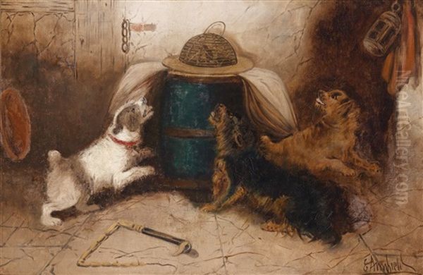 Drei Hunde Verbellen Eine Maus Oil Painting by George Armfield