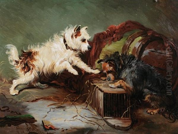 Terriers In A Landscape Oil Painting by George Armfield