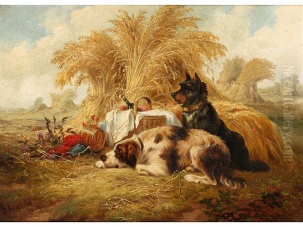 Dogs At Rest Beside A Picnic Basket In A Field At Harvest Time Oil Painting by George Armfield