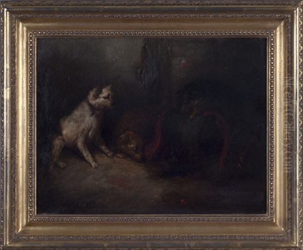 Three Terriers Rattin In A Barn With Green Barrel Oil Painting by George Armfield