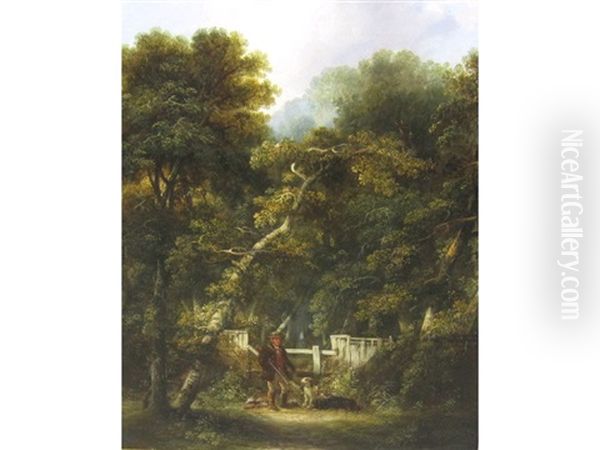 A Sportsman With His Dogs, By A Stile, A Wood Beyond Oil Painting by George Armfield