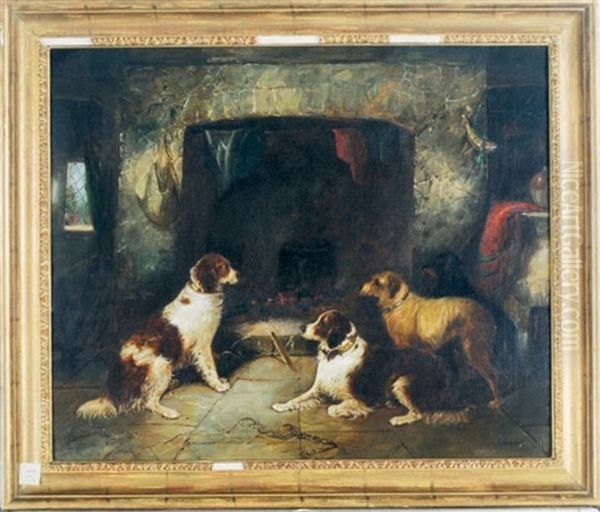 Dogs In An Interior Resting By The Fireplace Oil Painting by George Armfield