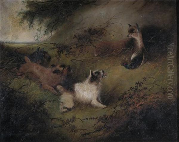 Two Terriers Ratting (+ Three Terriers With A Fox And Its Kill; Pair) Oil Painting by George Armfield