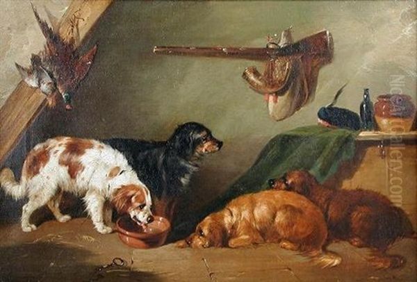 Four Spaniels In A Gun Room, With Guns, Powder Horns, And Dead Game On A Hook Oil Painting by George Armfield