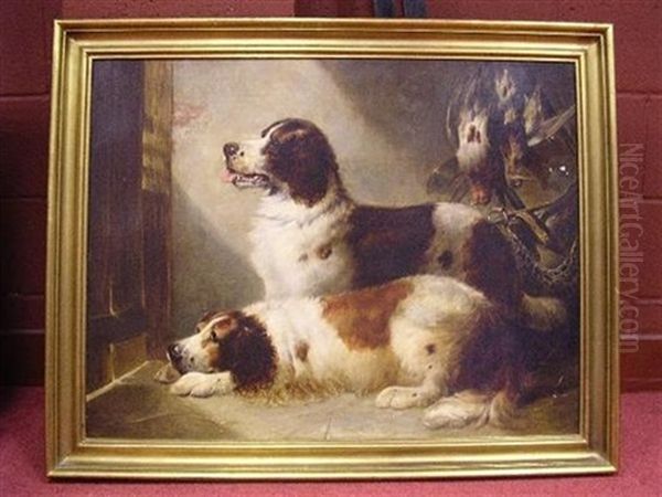 Springer Spaniels Waiting By A Door, With Woodcock And Other Game Hanging From A Hook Oil Painting by George Armfield