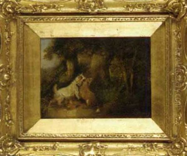 A Terrier Chasing A Rabbit (+ Two Terriers Rabbiting; 2 Works) Oil Painting by George Armfield