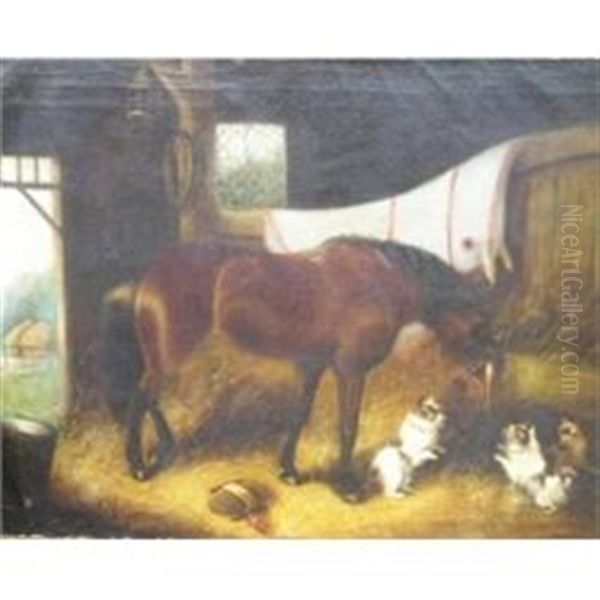 Terriers Playing Near A Horse In The Barn Oil Painting by George Armfield