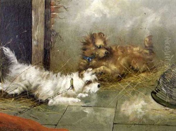 Terriers On A Leash, With A Ferret In A Cage Oil Painting by George Armfield