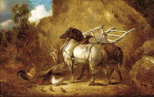 Carthorses In A Farmyard Oil Painting by George Armfield