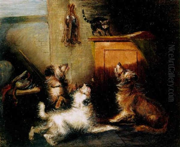 Three Dogs And A Cat In A Cottage Interior Oil Painting by George Armfield