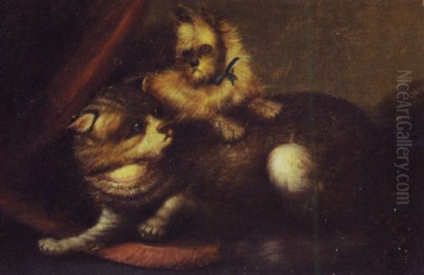 Friends - A Terrier Pup And The Old Cat Oil Painting by George Armfield