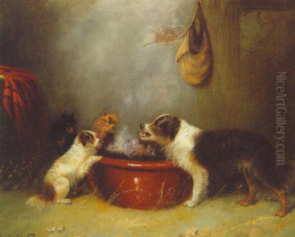 A Spaniel With Terriers At A Trough In A Barn Oil Painting by George Armfield