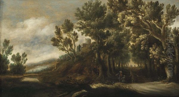 A Wooded Landscape With Figures On A Path, A Castle Beyond Oil Painting by Lucas Achtschellinck