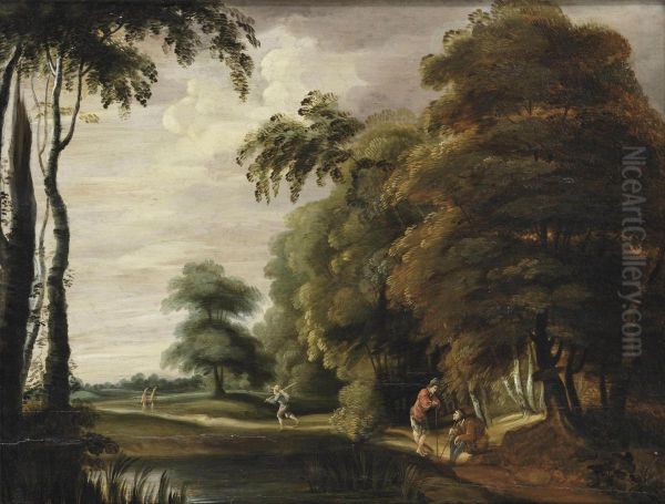 A Wooded Landscape With Travellers On A Track Near A Pond Oil Painting by Lucas Achtschellinck