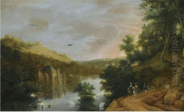 An Extensive River Landscape Oil Painting by Lucas Achtschellinck