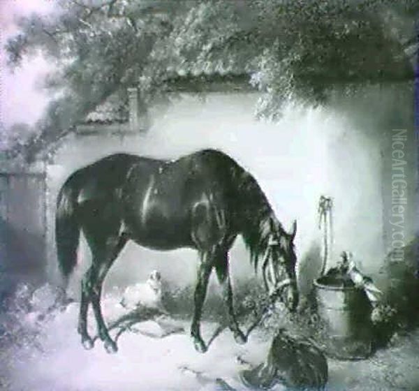 A Dark Bay Horse, A Dog And Two Doves In A Yard Oil Painting by George Armfield