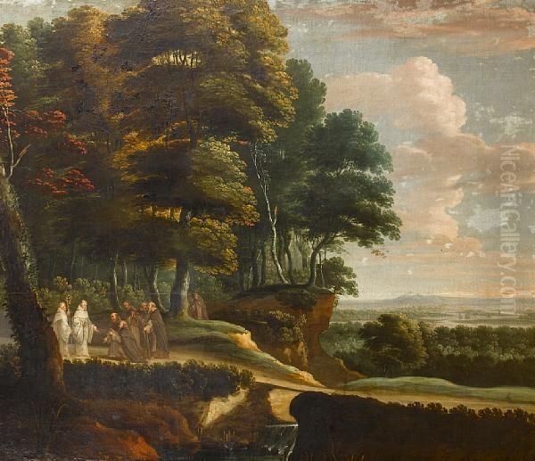 Benedictine And Franciscan Monks In Anextensive River Landscape Oil Painting by Lucas Achtschellinck