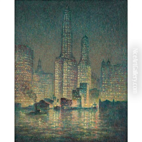 Cityscape At Night Oil Painting by Frank Milton Armington