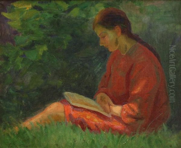 Seated Woman Reading Oil Painting by Frank Milton Armington