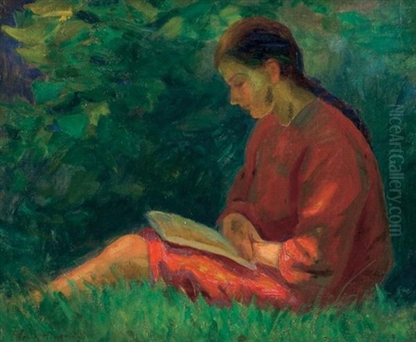 Seated Woman: Reading Oil Painting by Frank Milton Armington