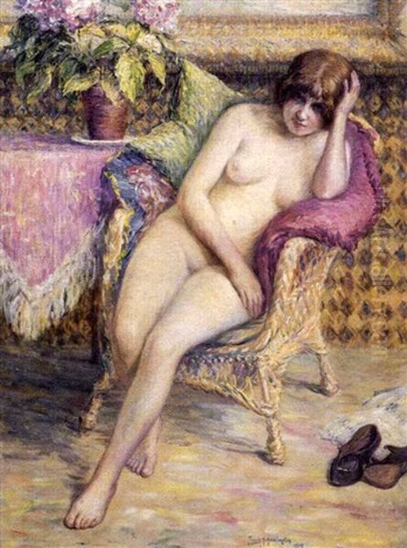 Seated Nude On A Wicker Chair Oil Painting by Frank Milton Armington