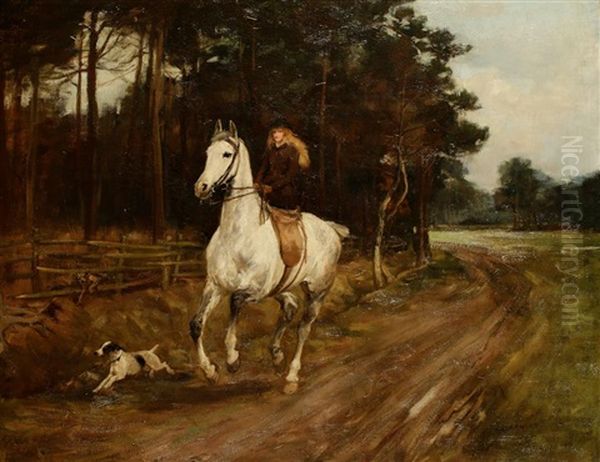 A Study Of A Young Girl Galloping Her Horse As Dogs Chase Alongside Oil Painting by George Denholm Armour