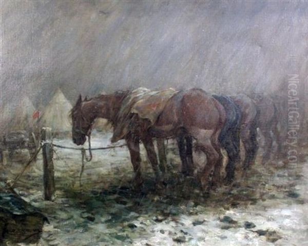 War Horses Resting On The Western Front Oil Painting by George Denholm Armour