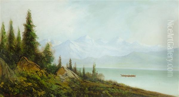 Sierra Nevada Mountains With Lake And Native Americans In A Canoe Oil Painting by William Weaver Armstrong