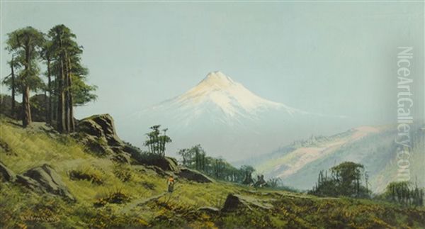 Mount Shasta From The East With A Native American Woman On A Path And Two Teepees In The Middle Ground Oil Painting by William Weaver Armstrong