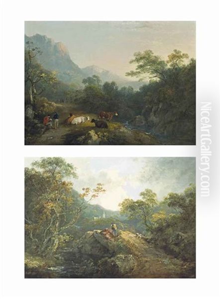 A Wooded River Landscape With A Shepherd And His Flock On A Path, A Church Beyond; A Wooded River Landscape With Drovers And Their Herd At Rest (pair) Oil Painting by George Arnald