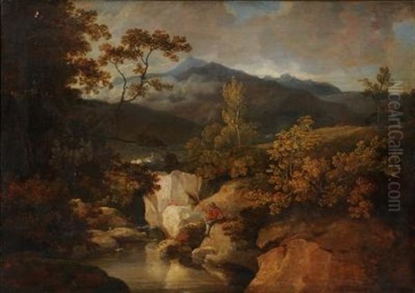 An Upland Landscape, Fisherman By A Rocky Stream In The Foreground, Buildings In The Middle Distance, Hills Beyond Oil Painting by George Arnald