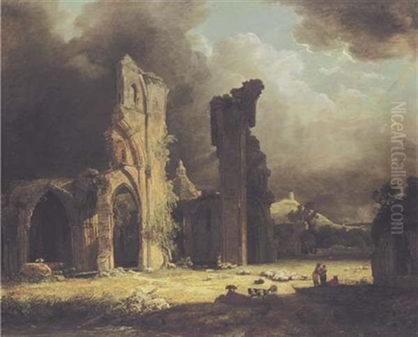 The Ruins Of Glastonbury Abbey, With Figures And Livestock In The Foreground, And Glastonbury Tor Beyond Oil Painting by George Arnald