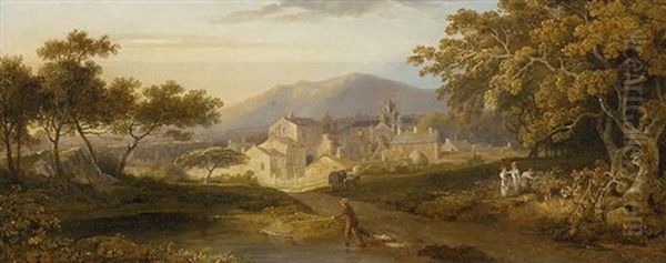 View Of A Town, With An Angler By A Stream And Figures In The Foreground, In A Wooded Landscape Oil Painting by George Arnald