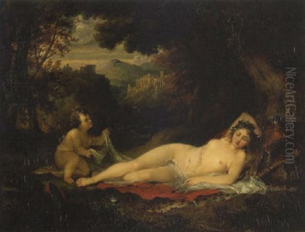 Venus And Cupid In A Wooded Bower Oil Painting by George Arnald