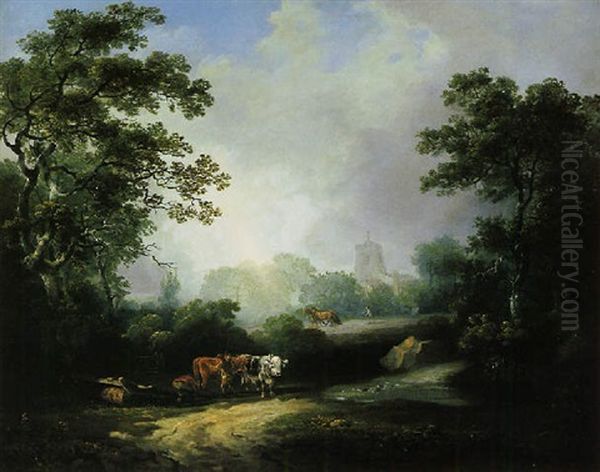 Plough Team In A Wooded Clearing, A Village Church Beyond by George Arnald