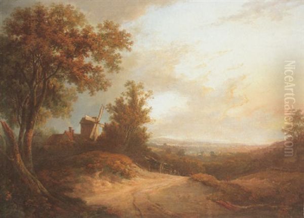 Landscape With A View Of A Windmill With Figures On A Path Oil Painting by George Arnald