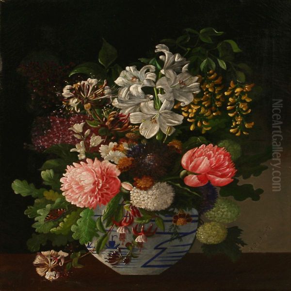 Colourful Flowers In A Chinese Bojan Oil Painting by A. Ackerberg