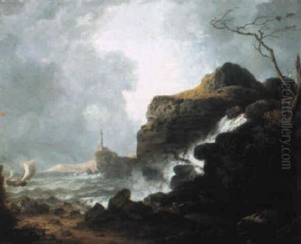 Coastal Landscape With Ship Approaching The Shore Oil Painting by George Arnald