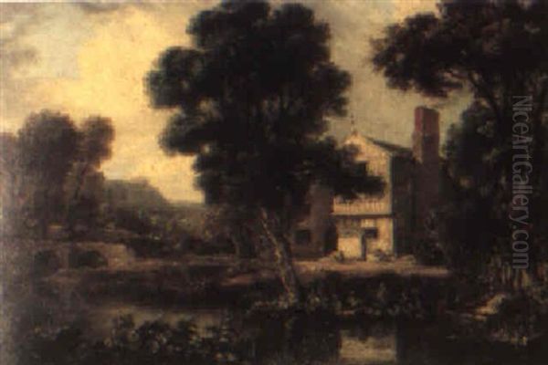 River Landscape With A Woman Washing Clothes Near A Cottage Oil Painting by George Arnald