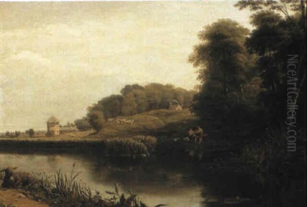 A River Landscape With Bathers, Cattle, Sheep And A Donkey Oil Painting by George Arnald