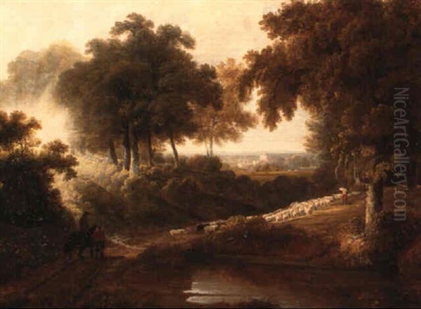 Landscape At Sunset With Drovers And Sheep On A Path Oil Painting by George Arnald