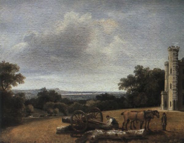 Loading A Timber Wagon In The Park Of Cave Castle, Yorkshire Oil Painting by George Arnald