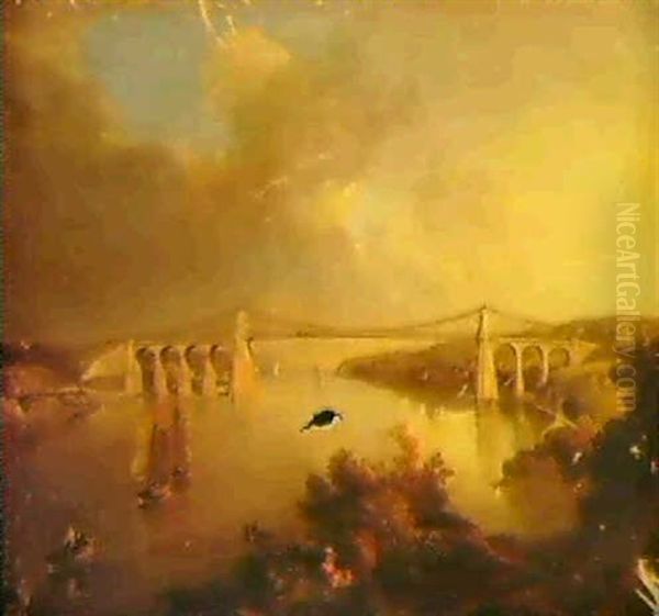 The Menai Bridge, North Wales Oil Painting by George Arnald