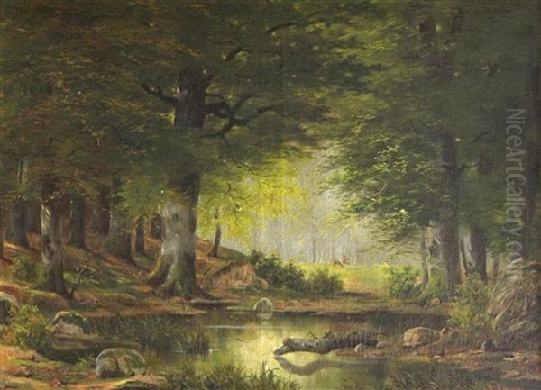 See Im Wald, Im Hintergrund Eine Lichtung Mit Zwei Rehen Oil Painting by Alwin Arnegger