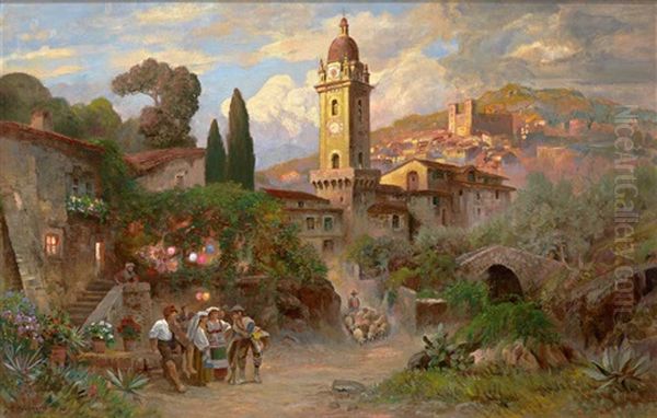 Malerisches Italienisches Kirchdorf Mit Figurenstaffage Und Schafherde Oil Painting by Alwin Arnegger