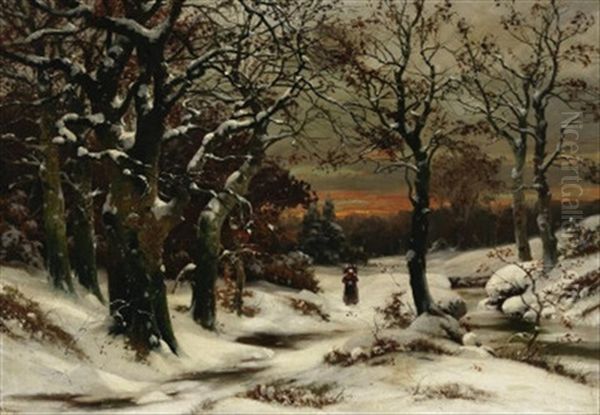 Abendstimmung Im Winterwald. Reisigsammlerin Auf Dem Heimweg Oil Painting by Alwin Arnegger