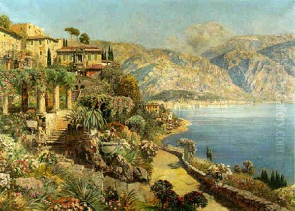 Mediterranean Bay View With A Villa And Gardens Oil Painting by Alwin Arnegger