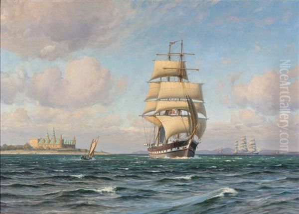 Seascape With A Danish Barque In The Sound Off The Coast Of Kronborg Castle by Vilhelm Karl Ferdinand Arnesen