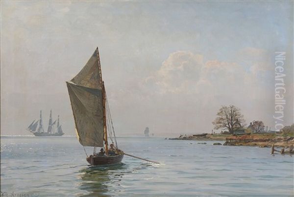 Seascape With Sailing Ships And A Dinghy Near The Coast Oil Painting by Vilhelm Karl Ferdinand Arnesen